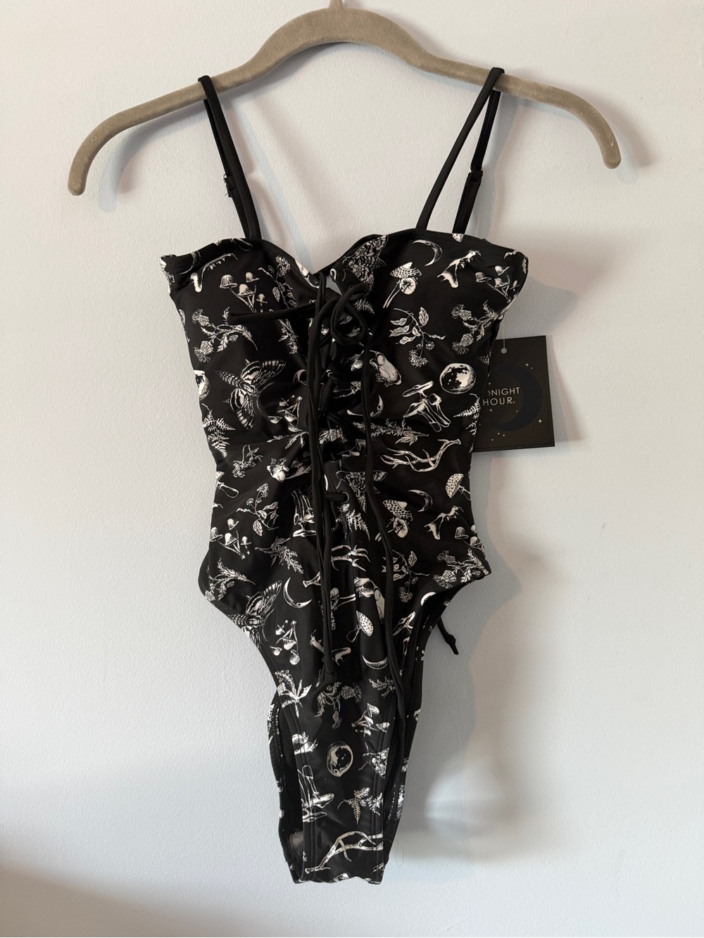 Midnight Hour Black Lace-Up One-Piece Swimsuit w/ White “Forest Findings” Print